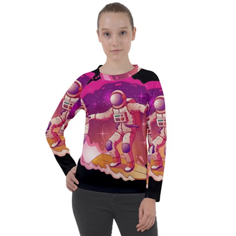 Astronaut Spacesuit Standing Surfboard Surfing Milky Way Stars Women s Long Sleeve Raglan Tee by Vaneshart