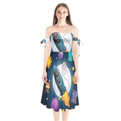 Spaceship Astronaut Space Shoulder Tie Bardot Midi Dress by Vaneshart