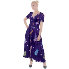 Space Seamless Pattern Button Up Short Sleeve Maxi Dress by Vaneshart