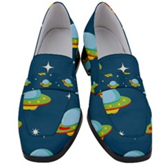 Seamless Pattern Ufo With Star Space Galaxy Background Women s Chunky Heel Loafers by Vaneshart