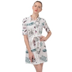 Music Themed Doodle Seamless Background Belted Shirt Dress by Vaneshart