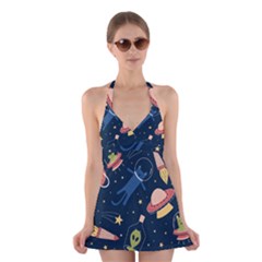 Seamless Pattern With Funny Aliens Cat Galaxy Halter Dress Swimsuit  by Vaneshart
