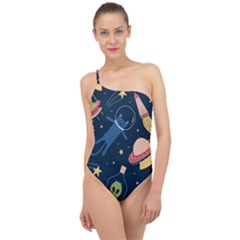 Seamless Pattern With Funny Aliens Cat Galaxy Classic One Shoulder Swimsuit by Vaneshart
