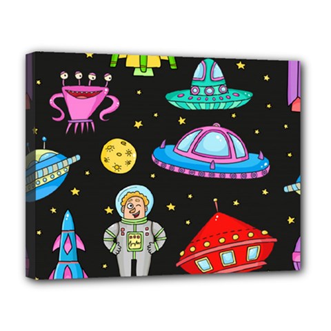 Seamless Pattern With Space Objects Ufo Rockets Aliens Hand Drawn Elements Space Canvas 14  X 11  (stretched) by Vaneshart