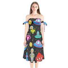 Seamless Pattern With Space Objects Ufo Rockets Aliens Hand Drawn Elements Space Shoulder Tie Bardot Midi Dress by Vaneshart