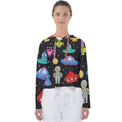 Seamless Pattern With Space Objects Ufo Rockets Aliens Hand Drawn Elements Space Women s Slouchy Sweat by Vaneshart