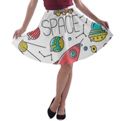 Space Cosmos Seamless Pattern Seamless Pattern Doodle Style A-line Skater Skirt by Vaneshart