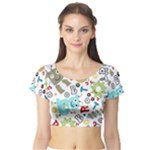 Seamless Pattern Vector With Funny Robots Cartoon Short Sleeve Crop Top
