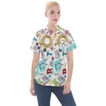 Seamless Pattern Vector With Funny Robots Cartoon Women s Short Sleeve Pocket Shirt