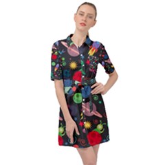 Cosmos Ufo Concept Seamless Pattern Belted Shirt Dress by Vaneshart
