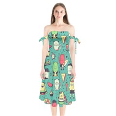 Seamless Pattern With Funny Monsters Cartoon Hand Drawn Characters Unusual Creatures Shoulder Tie Bardot Midi Dress by Vaneshart