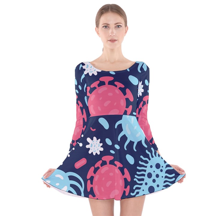 Seamless Pattern Microbes Virus Vector Illustration Long Sleeve Velvet Skater Dress