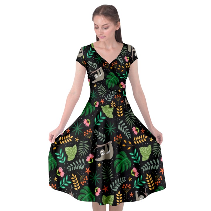 Floral Pattern With Plants Sloth Flowers Black Backdrop Cap Sleeve Wrap Front Dress