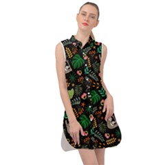 Floral Pattern With Plants Sloth Flowers Black Backdrop Sleeveless Shirt Dress