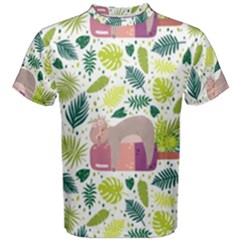 Cute Sloth Sleeping Ice Cream Surrounded By Green Tropical Leaves Men s Cotton Tee by Vaneshart