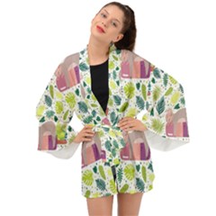 Cute Sloth Sleeping Ice Cream Surrounded By Green Tropical Leaves Long Sleeve Kimono by Vaneshart