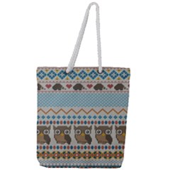 Fabric Texture With Owls Full Print Rope Handle Tote (large) by Vaneshart