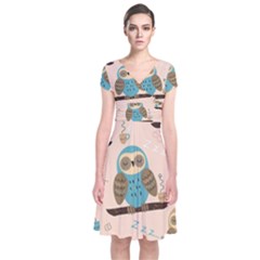 Seamless Pattern Owls Dream Cute Style Fabric Short Sleeve Front Wrap Dress by Vaneshart