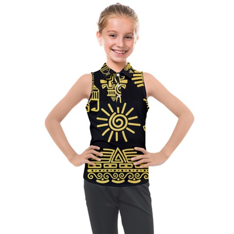 Maya Style Gold Linear Totem Icons Kids  Sleeveless Polo Tee by Vaneshart