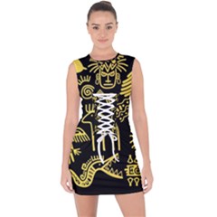 Golden Indian Traditional Signs Symbols Lace Up Front Bodycon Dress by Vaneshart