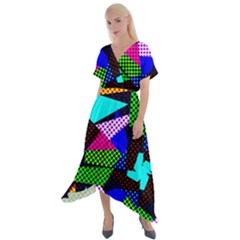 Trippy Blocks, Dotted Geometric Pattern Cross Front Sharkbite Hem Maxi Dress by Casemiro