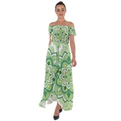 Floral-green-mandala-white Off Shoulder Open Front Chiffon Dress by Vaneshart
