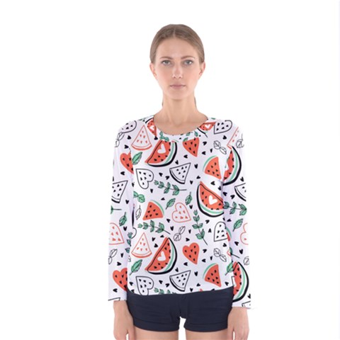 Seamless-vector-pattern-with-watermelons-mint Women s Long Sleeve Tee by Vaneshart