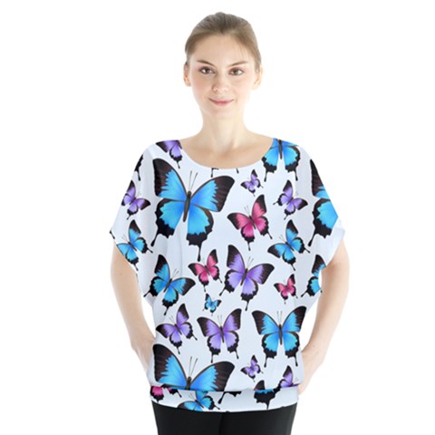 Decorative-festive-trendy-colorful-butterflies-seamless-pattern-vector-illustration Batwing Chiffon Blouse by Vaneshart