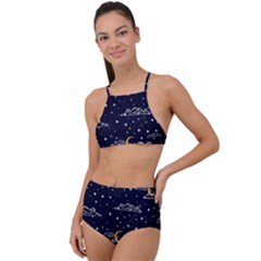 Hand Drawn Scratch Style Night Sky With Moon Cloud Space Among Stars Seamless Pattern Vector Design  High Waist Tankini Set by BangZart