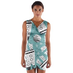 Cute Seamless Pattern With Rocket Planets Stars Wrap Front Bodycon Dress