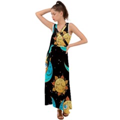 Seamless Pattern With Sun Moon Children V-neck Chiffon Maxi Dress by BangZart