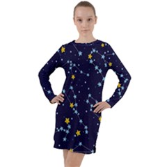 Seamless Pattern With Cartoon Zodiac Constellations Starry Sky Long Sleeve Hoodie Dress by BangZart