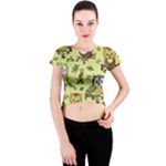 Seamless pattern with flowers owls Crew Neck Crop Top