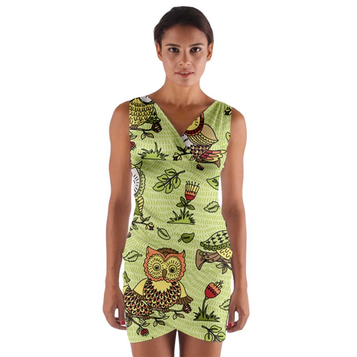 Seamless pattern with flowers owls Wrap Front Bodycon Dress