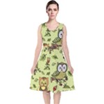 Seamless pattern with flowers owls V-Neck Midi Sleeveless Dress 