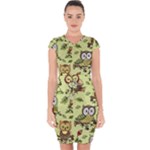 Seamless pattern with flowers owls Capsleeve Drawstring Dress 
