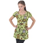 Seamless pattern with flowers owls Puff Sleeve Tunic Top