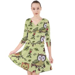 Seamless Pattern With Flowers Owls Quarter Sleeve Front Wrap Dress by BangZart