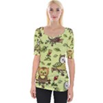 Seamless pattern with flowers owls Wide Neckline Tee