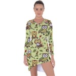 Seamless pattern with flowers owls Asymmetric Cut-Out Shift Dress
