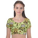 Seamless pattern with flowers owls Velvet Short Sleeve Crop Top 