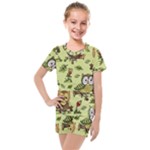 Seamless pattern with flowers owls Kids  Mesh Tee and Shorts Set