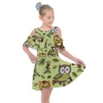 Seamless pattern with flowers owls Kids  Shoulder Cutout Chiffon Dress