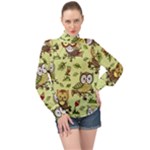 Seamless pattern with flowers owls High Neck Long Sleeve Chiffon Top