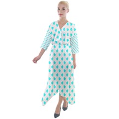 White Light Blue Hearts Pattern, Pastel Sky Blue Color Quarter Sleeve Wrap Front Maxi Dress by Casemiro