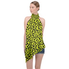 Leopard Spots Pattern, Yellow And Black Animal Fur Print, Wild Cat Theme Halter Asymmetric Satin Top by Casemiro