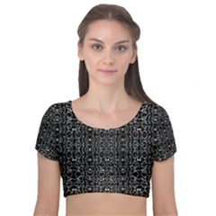 Black And White Ethnic Ornate Pattern Velvet Short Sleeve Crop Top  by dflcprintsclothing