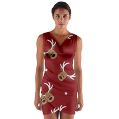 Cute Reindeer Head With Star Red Background Wrap Front Bodycon Dress