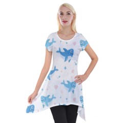 Seamless Pattern With Cute Sharks Hearts Short Sleeve Side Drop Tunic by BangZart