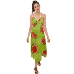 Seamless Background With Watermelon Slices Halter Tie Back Dress  by BangZart
